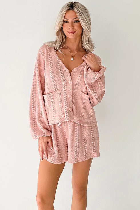 Solid Textured Cable Knit V Neck Cardigan Short Set