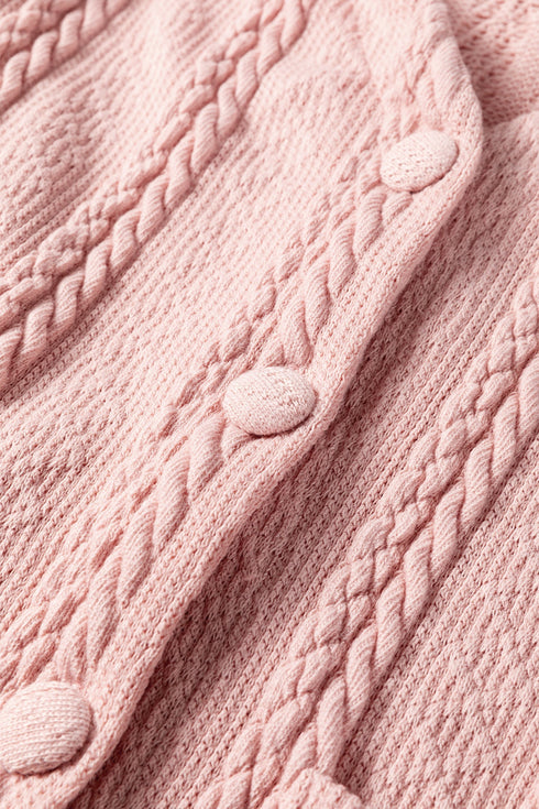 Solid Textured Cable Knit V Neck Cardigan Short Set