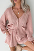 Solid Textured Cable Knit V Neck Cardigan Short Set