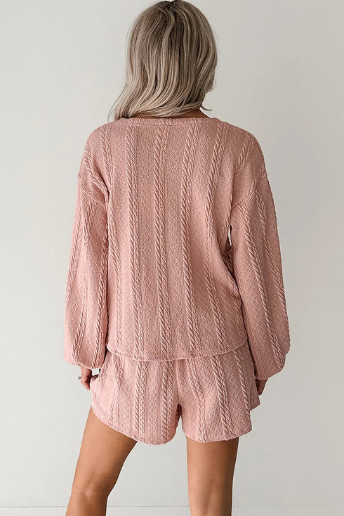 Solid Textured Cable Knit V Neck Cardigan Short Set