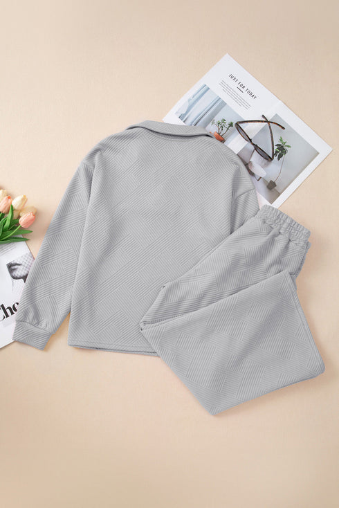 Solid Textured Collared V Neck Wide Leg Pant Sets