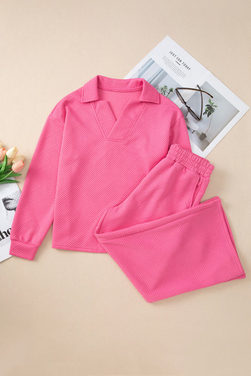Solid Textured Collared V Neck Wide Leg Pant Sets