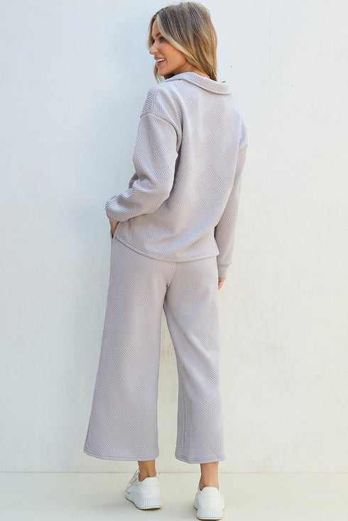 Solid Textured Collared V Neck Wide Leg Pant Sets