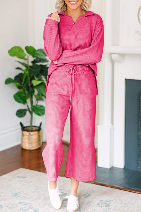 Solid Textured Collared V Neck Wide Leg Pant Sets