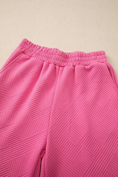 Solid Textured Collared V Neck Wide Leg Pant Sets