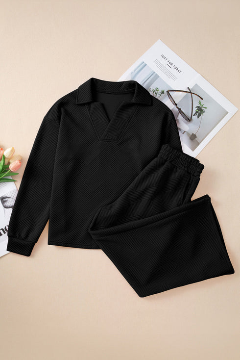 Solid Textured Collared V Neck Wide Leg Pant Sets
