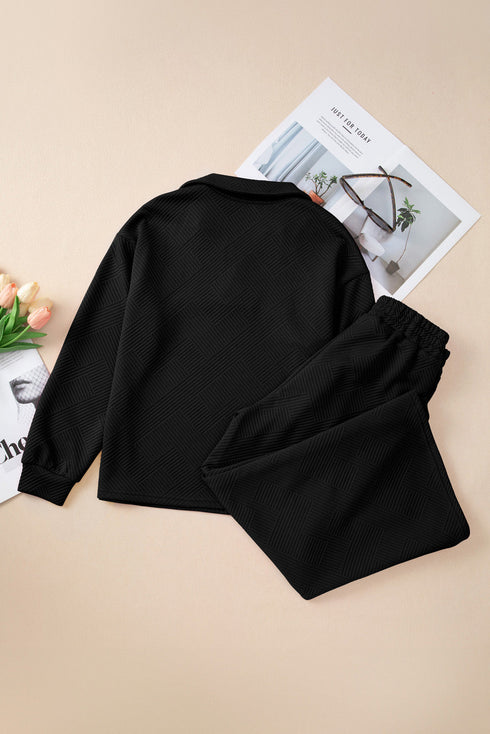 Solid Textured Collared V Neck Wide Leg Pant Sets
