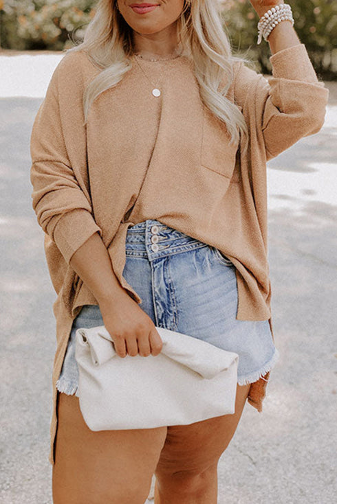Solid Textured Drop Shoulder Knit Tunic Long Sleeve Top