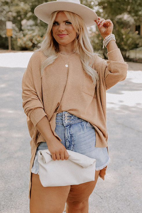 Solid Textured Drop Shoulder Knit Tunic Long Sleeve Top
