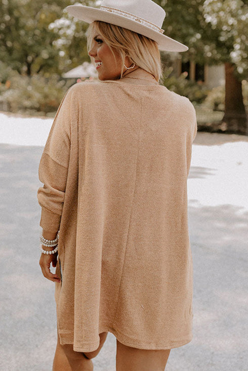 Solid Textured Drop Shoulder Knit Tunic Long Sleeve Top