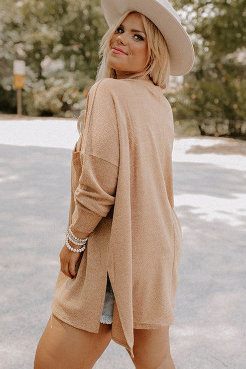 Solid Textured Drop Shoulder Knit Tunic Long Sleeve Top