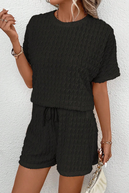 Solid Textured Frill Short Sleeve Drawstring Short Set