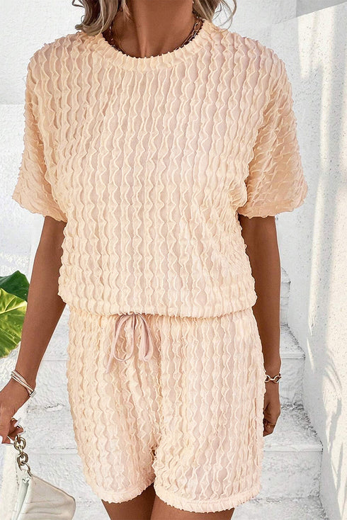 Solid Textured Frill Short Sleeve Drawstring Short Set