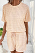Solid Textured Frill Short Sleeve Drawstring Short Set