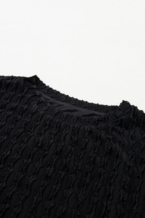Solid Textured Frill Short Sleeve Drawstring Short Set