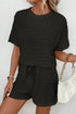 Solid Textured Frill Short Sleeve Drawstring Short Set