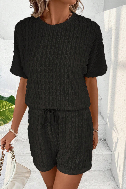 Solid Textured Frill Short Sleeve Drawstring Short Set