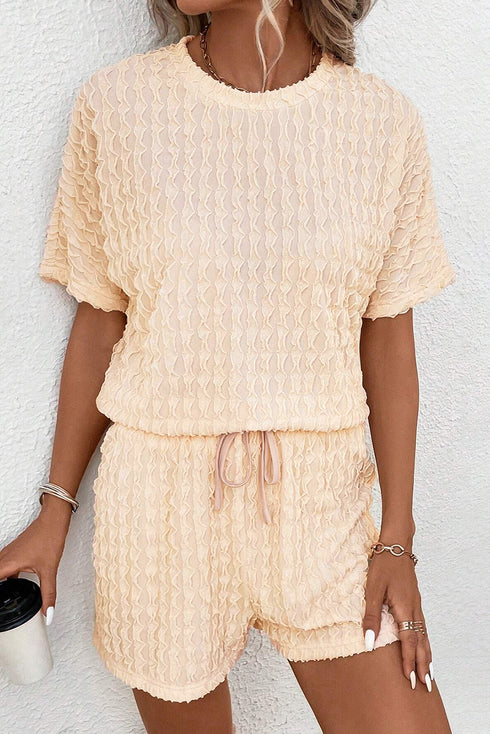 Solid Textured Frill Short Sleeve Drawstring Short Set