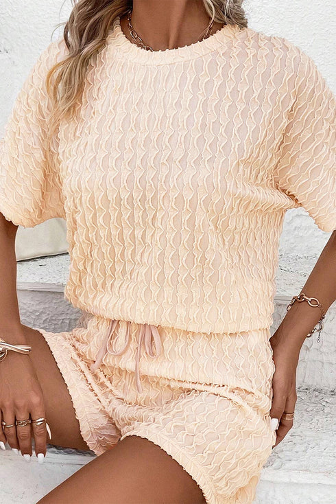 Solid Textured Frill Short Sleeve Drawstring Short Set