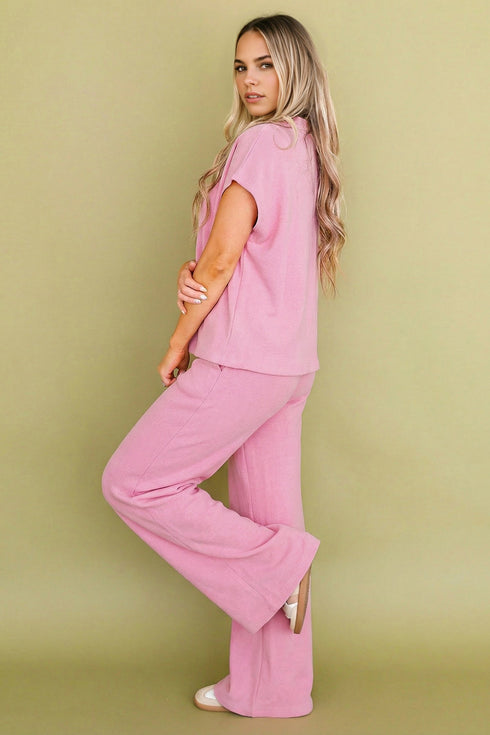 Solid Textured Knit Mock Neck Wide Leg Pant Set