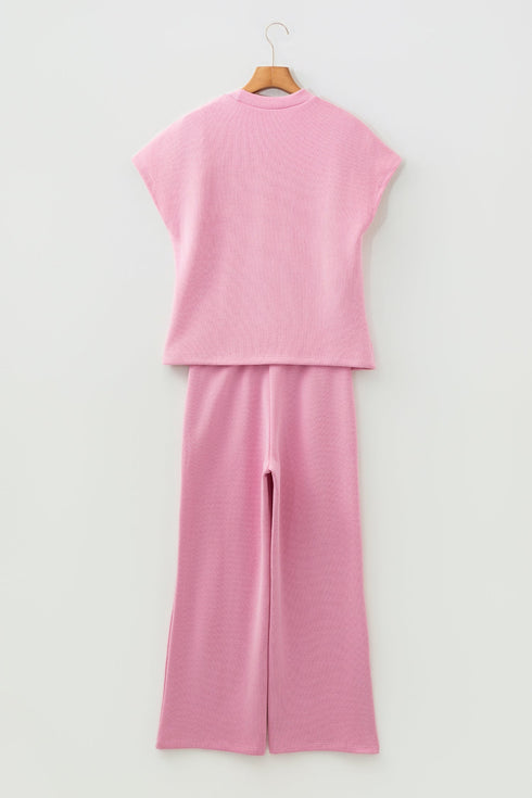 Solid Textured Knit Mock Neck Wide Leg Pant Set