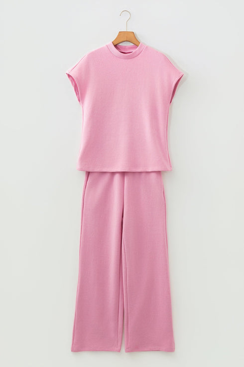 Solid Textured Knit Mock Neck Wide Leg Pant Set