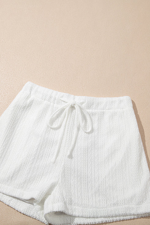 Solid Textured Lace Tank Top And Drawstring Short Sets