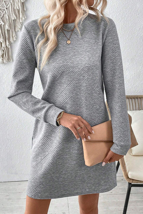 Solid Textured Long Sleeve H Line Shift Mini Dress