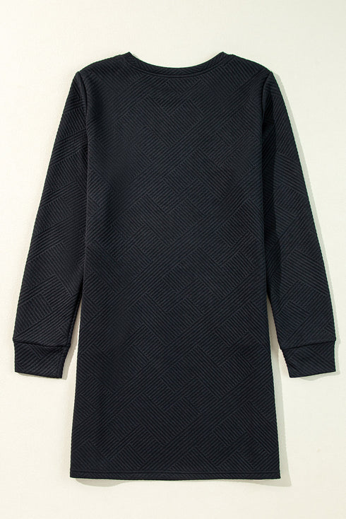 Solid Textured Long Sleeve H Line Shift Mini Dress