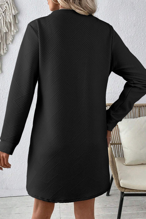 Solid Textured Long Sleeve H Line Shift Mini Dress