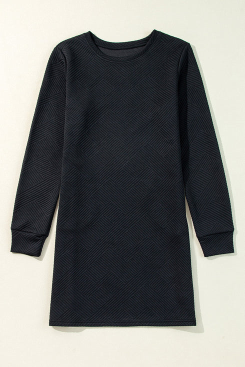 Solid Textured Long Sleeve H Line Shift Mini Dress