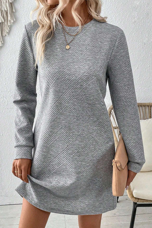 Solid Textured Long Sleeve H Line Shift Mini Dress