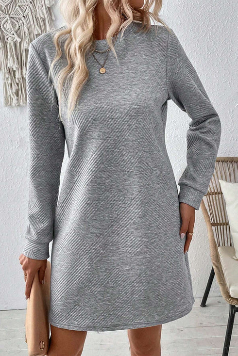 Solid Textured Long Sleeve H Line Shift Mini Dress