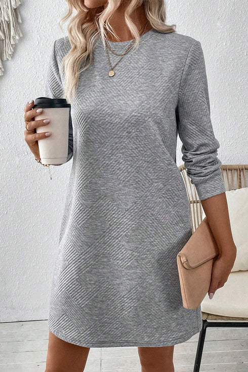 Solid Textured Long Sleeve H Line Shift Mini Dress
