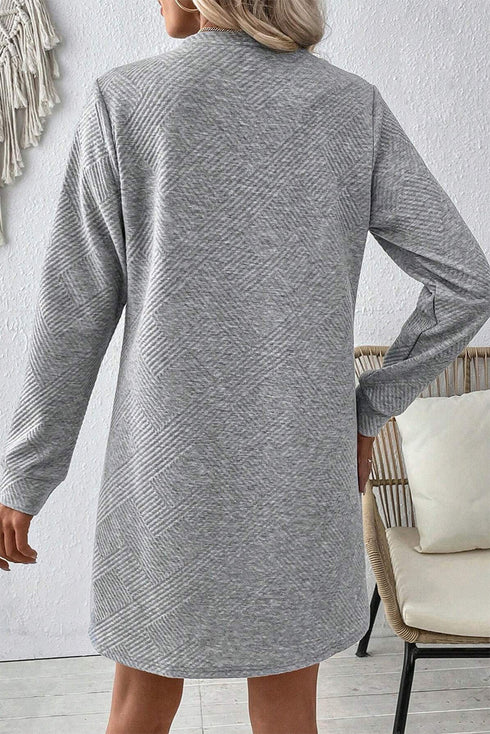 Solid Textured Long Sleeve H Line Shift Mini Dress