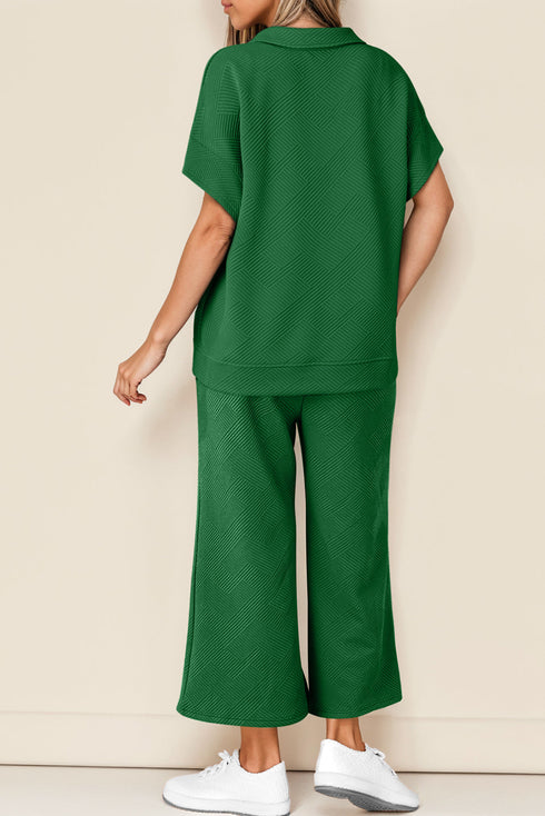 Solid Textured Loose Fit T Shirt Drawstring Pant Set