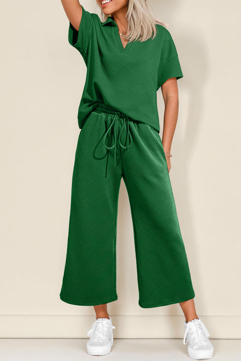 Solid Textured Loose Fit T Shirt Drawstring Pant Set