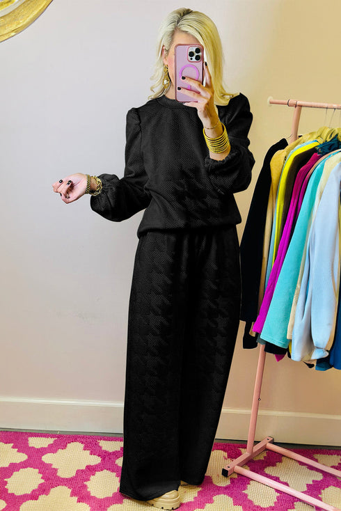 Solid Textured Puff Sleeve Wide Leg Pant Set