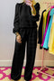 Solid Textured Puff Sleeve Wide Leg Pant Set
