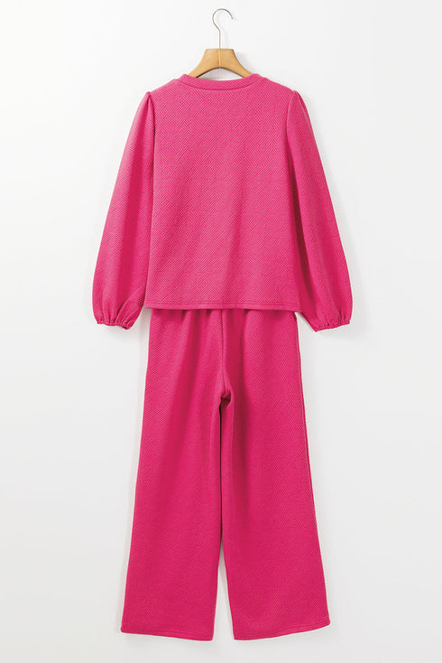 Solid Textured Puff Sleeve Wide Leg Pant Set