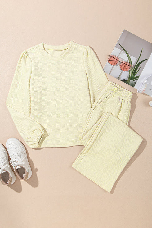 Solid Textured Puff Sleeve Wide Leg Pant Set