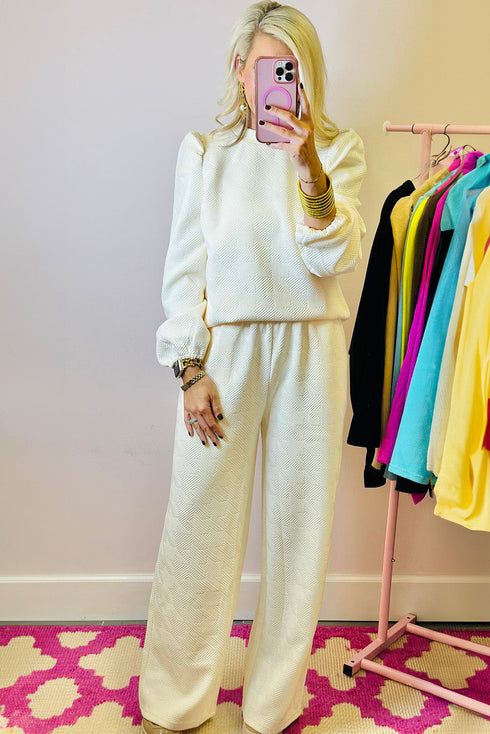Solid Textured Puff Sleeve Wide Leg Pant Set