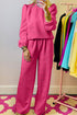 Solid Textured Puff Sleeve Wide Leg Pant Set