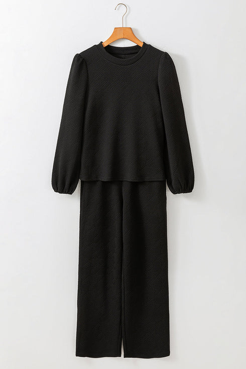 Solid Textured Puff Sleeve Wide Leg Pant Set