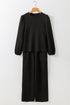 Solid Textured Puff Sleeve Wide Leg Pant Set