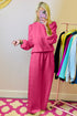 Solid Textured Puff Sleeve Wide Leg Pant Set