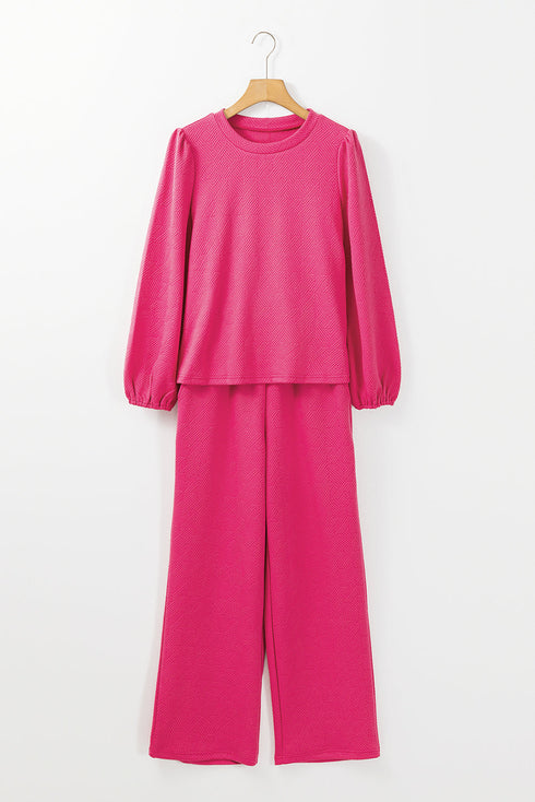 Solid Textured Puff Sleeve Wide Leg Pant Set