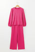Solid Textured Puff Sleeve Wide Leg Pant Set