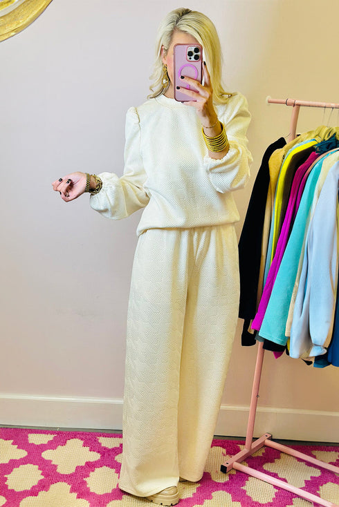 Solid Textured Puff Sleeve Wide Leg Pant Set