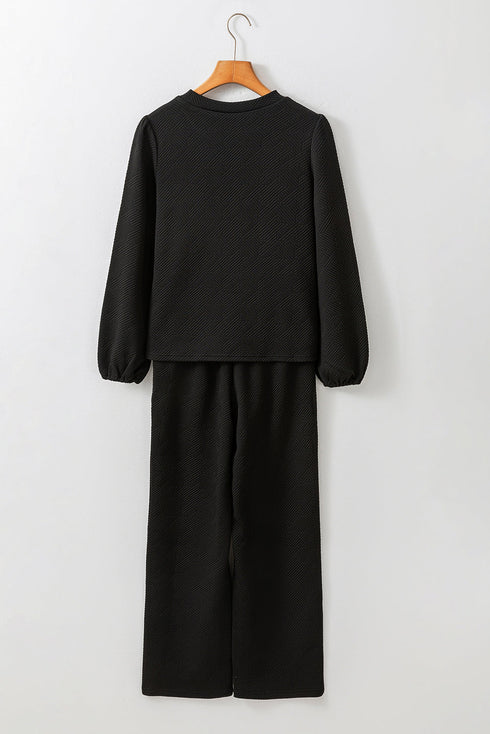 Solid Textured Puff Sleeve Wide Leg Pant Set